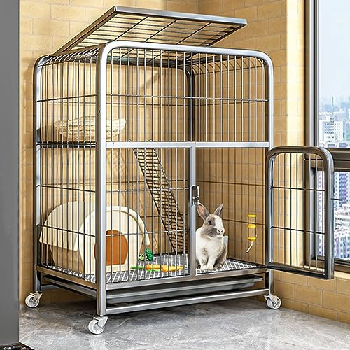 Haustierkäfig, Kaninchenkäfig für den Innenbereich mit Deckel und Rädern – zweistöckiger Kaninchenstall, Meerschweinchenkäfig mit tiefer, auslaufsicherer Schale – für den Innen- und Außenber