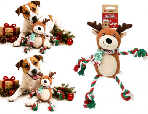 Flamingo Hundespielzeug – WEIHNACHTSSPIELZEUG – Vicente Rentier Braun – 35 cm – Plüschspielzeug mit Baumwollseil und Quietscher