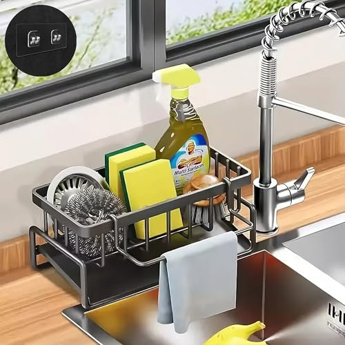 Organizador de Fregadero, Organizador Cocina, Porta Estropajos Fregadero, Soporte para Esponja con Ventosas Antideslizantes, Ideal para Accesorios de Cocina, Útil para Cocina y Baño (Gris).