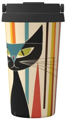 Cute Mid-Century Modern Art Cat, Insulated Coffee Mug â€“ 17oz Double Wall Vacuum Stainless Steel Tumbler Cup with Leak-Proof Lid & Handle, Fashion Portable Travel Thermos Mug for Cold & Hot Drinks