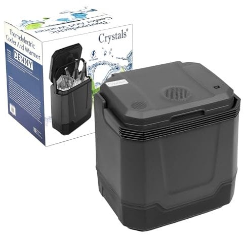 Crystals 33L Electric Cool Box for Car & Home - Hot & Cold Thermoelectric Cooler, 12V DC & 240V AC, Portable Camping Fridge for Travel, Picnic, Office, Boat (33L Grey)