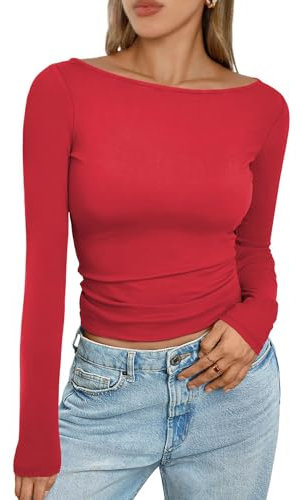 Women's Y2K Boat Neck Crop Tops Long Sleeve T-Shirts Casual Going Out Fitted Tee Shirts Solid Color Basic Clothes Streetwear (Red,S)