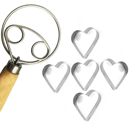 Batidor danés de acero inoxidable con 5 formas de corazón, batidor multifuncional para hornear pan, masa madre y masa de pizza, ayudante de cocina con diseño de escoba en espiral y mango de madera |