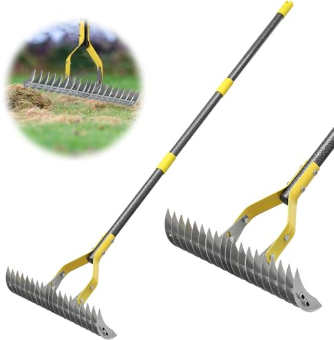 Rechen, 2-in-1-Rasen, manueller Dethatcher mit verstellbarem Kopf, 139,7 cm, robuste Metall-Entstopfungsrechen, Gartengeräte, 19 Zähne, scharfe Klinge für Hof, totes Gras, Moosentfernung