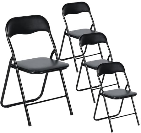 EGGREE Ensemble de 4 Chaises Pliantes Noires - Cadre Métallique, Siège Rembourré en PVC - Capacité de Charge 110 kg - Chaise Ergonomique Pliable pour Camping, Balcon, Fêtes, Bureau, Restaurant