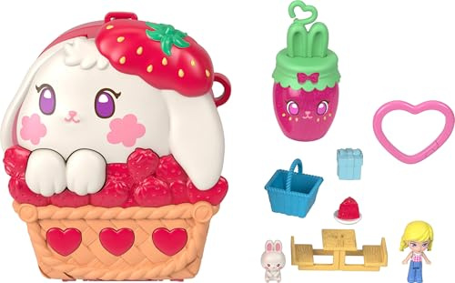 Polly Pocket Puppen und Spielset, Strawberry Picnic Bunny Compact | Tragbares Reisespielzeug, 1 Micro-Puppe, Haustier, Zubehör mit Fruchtmotiv, JKC47