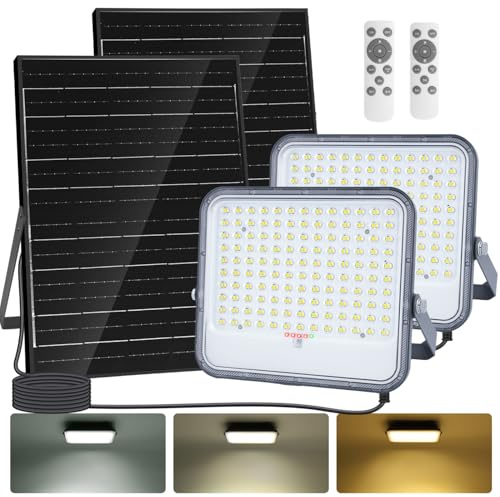 Aigostar Foco proyector LED solar con mando a distancia，2 Piezas，16000mAH，gran panel solar y batería de gran capacidad，regulable 3000/4000/6500K，IP66，cable 2m，Luz solar para exterior y jardín，patio