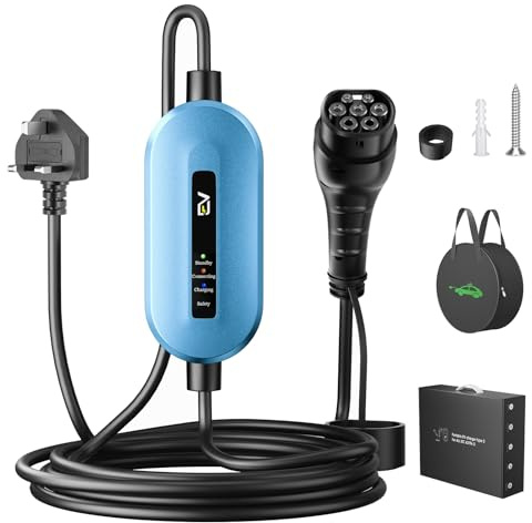 EVJUICION EV Charger Cable Type 2 to 3 Pin Plug 6M Total Length, [2.3kW, 10A] Electric Car Charger IP67/IP65, Type 2 Charging Cable 3 Pin, with LED Indicators, for Type 2 EVs and PHEVs (Blue)