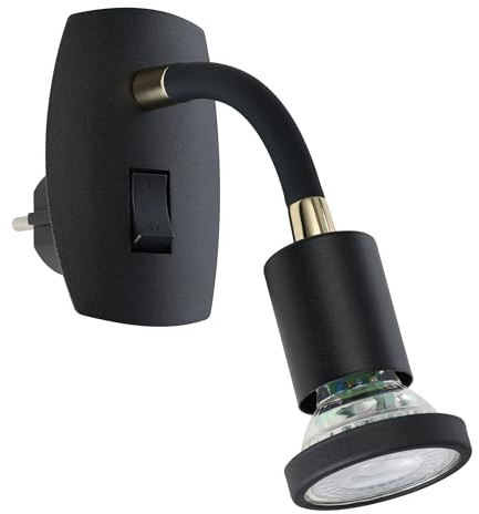 EGLO Steckerleuchte Parrini, Steckdosenlampe mit Schalter | Steckerlampe mit schwenkbarem Spot und Flexarm, Metall und Kunststoff in Schwarz und Messing, warmweiß