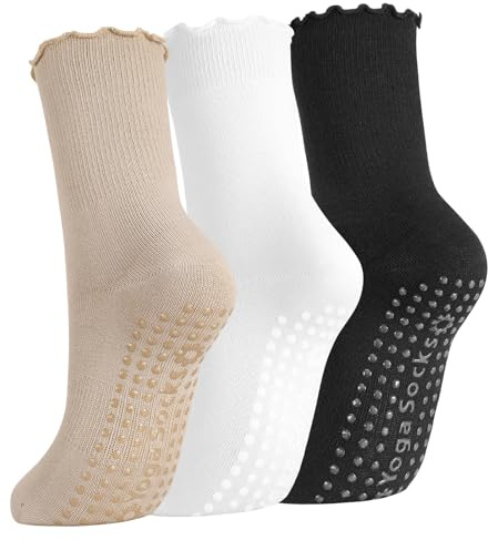 Utensilsto 3 Paare Pilates Socken Stoppersocken Damen Rutschfeste Socken Rüschen Grip Socks Für Pilates Barre Yoga Ballett Tanzen Trampolin Barfuß 39-42 schwarz, beige,weiß