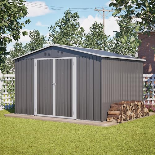 LARFOEK XXXL Metall Gerätehaus 300x252x191cm mit Satteldach und Klapptür, Geräteschuppen Garten Schuppen Gartenhaus für Gartengeräte und Werkzeugaufbewahrung, Grau
