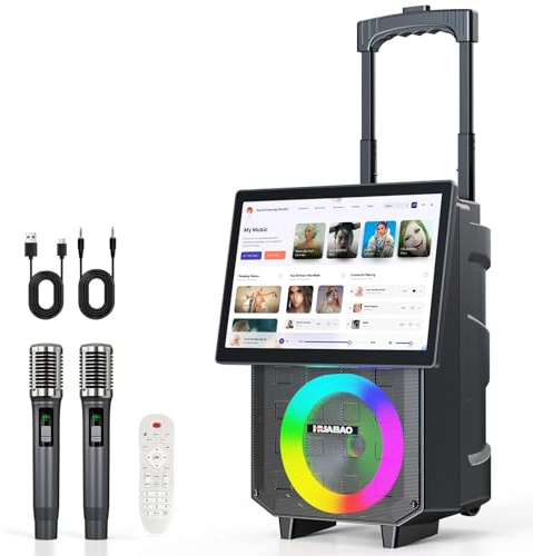 HUABAO Karaoke Machine with 14.1 Rotatable HD Screen & Handle & Wheels, Portable Bluetooth Speaker with Lyrics Display, Wireless Screen Mirroring, 11 Speakers, PA System with 2 Mics for Outdoor Party