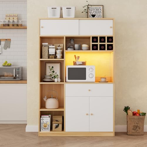 Juabett Küchenschrank mit Arbeitsplatte, Küchenbuffet mit LED Beleuchtung, 115x35x180cm Buffetschrank mit Schublade & Weinregal, Großer Stauraum Sideboard für Küche, Wohnzimmer, Esszimmer, Weiß