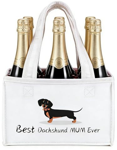 UV STYLISH Dachshund Sausage Dog Themed Felt 6-Pack Bottle Carrier Bag | Reusable Soft Felt Tote for Beer, Champagne & Wine | Cute Dog Lover for Women