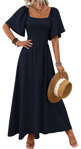 LIAMERHE Women's Summer Maxi Dress Elegant Square Neck Flutter Sleeve Long Sun Dress Boho A-Line Tea Dress High-Waisted Flowy Party Wedding Guest Dress Plain Casual Holiday Dresses
