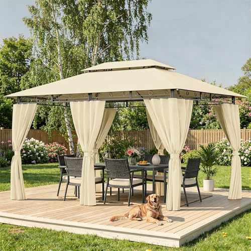 Hawthyhome Pavillon 3x4 Wasserdicht Stabil, Gartenpavillon Doppeldach, Partyzelt mit Seitenwänden, UV-Schutz 50+, Metallrahmen Pavillon für Garten Terrasse Party, Beige