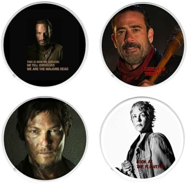 Cuatro posavasos redondos únicos para bebidas. Colección The Walking Dead con imágenes y citas de Carol Peletier, Negan, Rick Grimes y Daryl Dixon