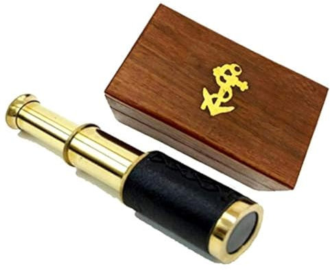 Messing-Teleskop mit Holzkasten, 15,2 cm, PiratenNavigation mit Anker-Holzbox