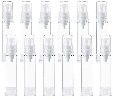 12Pcs Transparent Airless Pump Press Bottle Portable Plastic Vacuum Bottle Empty Refillable Sample Travel Container Jars Vials Pots Makeup Holder for Lotion Essence Emulsion Foundation (10ml/0.34oz)