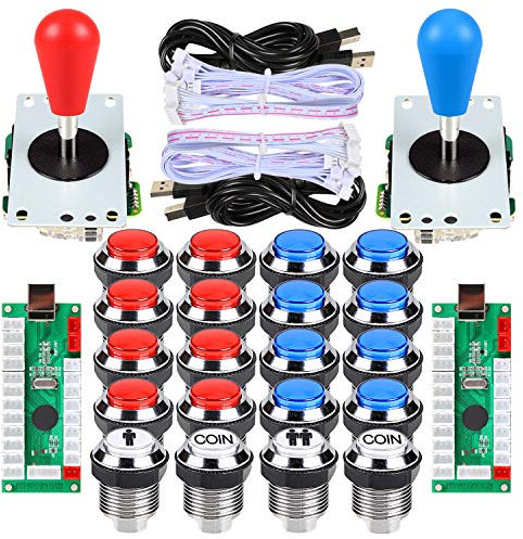EG STARTS 2 Jugadores Ellipse Arcade Kit Oval Bat Joystick Mangos LED Cromados Arcade Botones para Arcade Gamepads y Controlador estándar Juegos de Bricolaje MAME Parts (Rojo Azul)