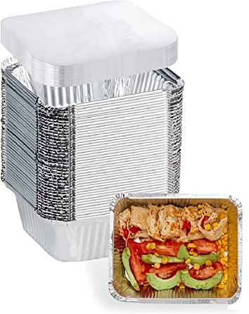 FUIIKEEM 1 Lb Small Aluminum Pans with Lids(40 Pack - 5×4) Tin Foil Pans Disposable Cookware- Cardboard Lids, for Cooking Baking Party Meal,Takeout Trays - To Go Disposable Food Container