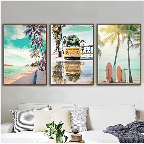 SHPXMBH Peintures sur Toile Plage Palmier cocotier étoile de mer Planche de Surf mer Impression Toile Peinture Nordique Affiche Mur Photos 3 pièces 50x70 cm sans Cadre