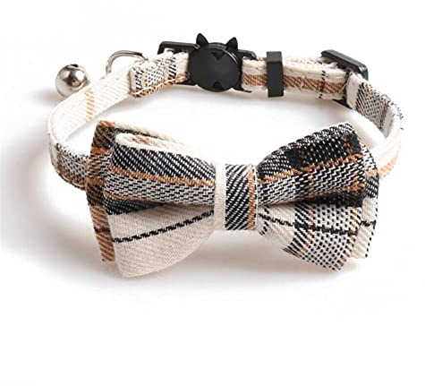 DUORUIMI Katzenhalsband mit Karomuster, Glöckchen, Fliege, Sicherheits-Schnellverschluss, verstellbar 20-28cm, für Kätzchen und Erwachsene, weiß