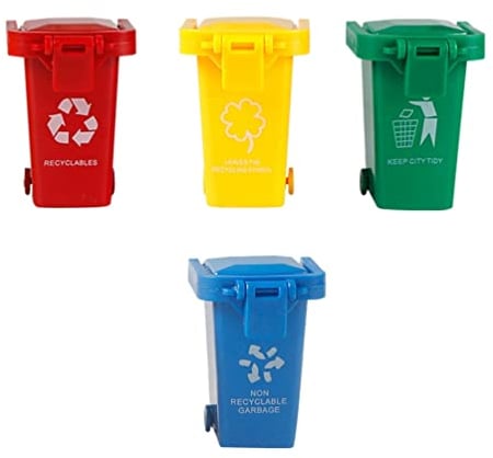 4Pcs Mini Garbage Sorting Toy Bin Set for Kids - Assorted Color Trash can with Wheels for Early Education and Desk Organization