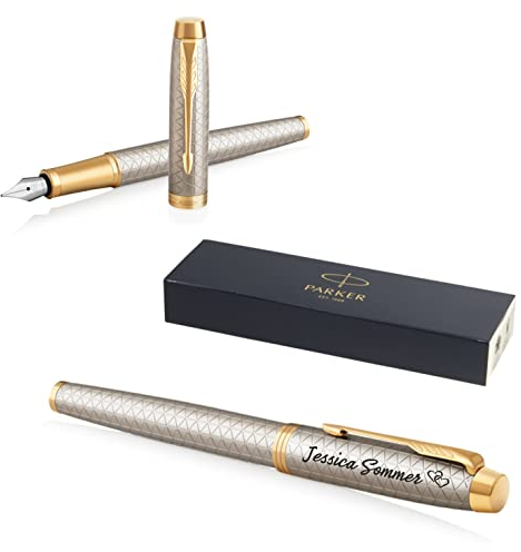 PARKER IM Premium Fountain Pen with Engraving, Premium Pen, Gift Box, Blue Ink, Personalised Gift, Name, Engraved, Fountain Pen, Birthday (Warm Silver G.C.)