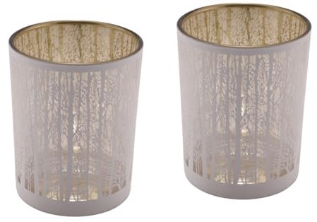 Windlicht Set 2-teilig – Weiß-Gold Teelichthalter mit filigranem Waldmotiv – Festliche Deko für Weihnachten, Winter & Advent – Glas, je 9,8 cm hoch Ø 8,5 cm (Herbstwald weiß & Gold 2er Set)