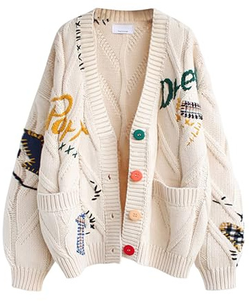 ebossy - Cardigan da donna a maglia, a maniche lunghe, aperto sul davanti, con scollo a V e bottoni, in misto lana