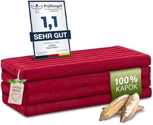 livasia Nachhaltige Klappmatratze aus Kapok - 200x110x8cm - breite Gästematratze, Faltbare Matratze, ökologische Yogamatte, klappbares Gästebett, Liege für Garten und Balkon (Rot Uni)