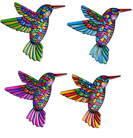 OFFCUP Kolibri-Wand-Dekor, 4pcs Kolibri Metall, Wanddekoration 3D Kolibri, Wandskulptur Vögel, Metall Vogel Wanddekoration hängende Kolibri Zum Aufhängen Outdoor Garten Metall Wandkunst