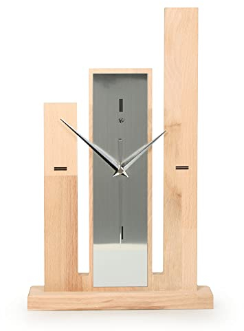 Kreative Feder Designer-STANDUHR „Stairs“ aus Massivholz – analoge TISCHUHR ohne Tickgeräusche (leises Funkuhrwerk, Buche)