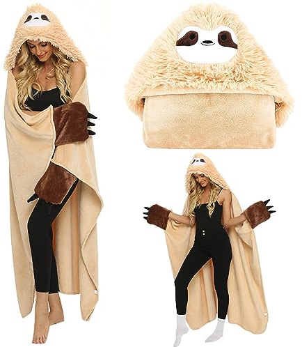 Faultier Tragbare Kapuzendecke, 160 x 122 cm Tragbare Decke Faultier Geschenke, Sofadecke Sloth Kuscheldecke Flauschig, Flanell Decke mit Hut und Handschuhen, Weich & Warm für Frauen Erwachsene