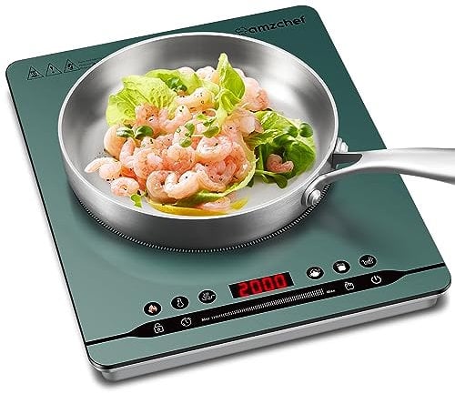 Einzel-Induktionskochfeld 2000W AMZCHEF Tragbares induktionsplatte mit leisem Lauf, 9 Leistungs- und Temperaturstufen, 4 Automatikmenüs, Ultradünnes Gehäusedesign, Sicherheitsschloss,grün