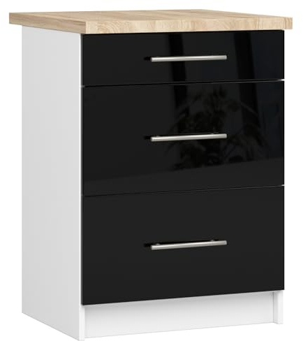 AKORD | Küchenschrank mit Arbeitsplatte - Oliwia S60 | Küchenunterschrank mit 3 Schubladen | Unterschrank Küche 60 cm Breit | ABS-Kante 18 mm | 46 x 60 x 85 cm | Weiß | Schwarz Glanz