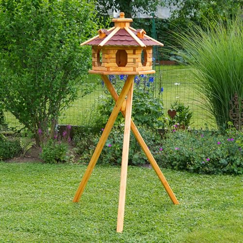 Deko-Shop-Hannusch Vogelhaus wahlweise mit Ständer und Solarbeleuchtung, Verschiedene Größen L - XXL, Futtersilo, wetterfestes Bitumendach (Größe Standard L mit Ständer Solar, rot)