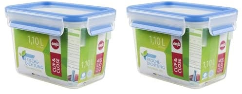Emsa 508541 CLIP & CLOSE FRISCHHALTEDOSE | Rechteckige | mit Deckel | 1,1 Liter | Transparent/Blau | 100% dicht (Packung mit 2)