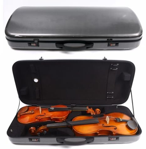 WUQIMUSC Carbon fiber Double Violin Viola Case for 4/4 size violin and 15-17 inch viola adjustable with Backstraps Combination lock (Black)