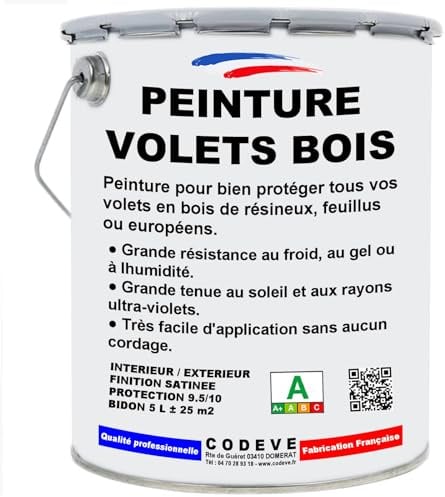 Peinture Volets Bois - Codeve Bois/RAL 1014 - Ivoire - 5L - Intérieur/extérieur - Pour La Protection De Votre Volet, Persienne, Fenêtre, Portail Bois.