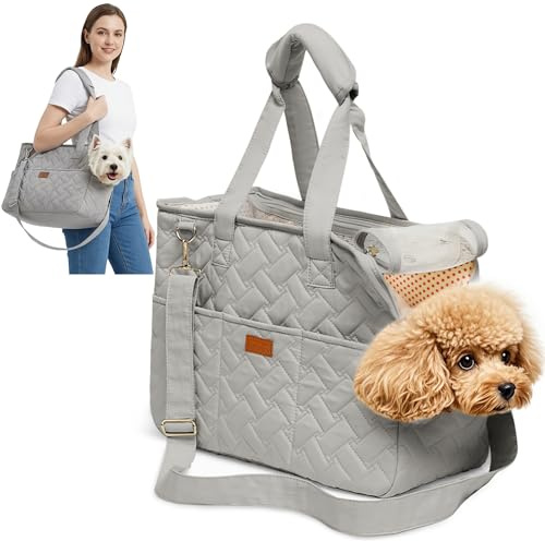 ALLSOPETS Katzentrage, Weiche Hundetransportbox für Kleine Hunde, Tragbare Transportbox für Hunde, Reisezubehör, Zubehör für Welpenhandtasche mit Verstellbarer Sicherheitsleine (Sternengrau, L)