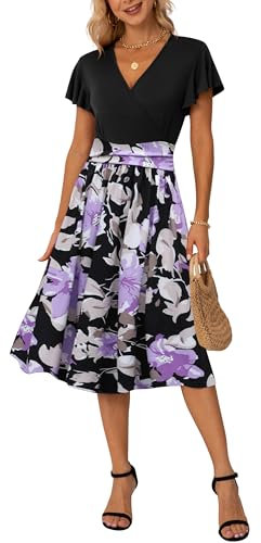 GRECERELLE Abito estivo da donna, casual, con volant, maniche corte, scollo a V, floreale, da spiaggia, 04 Nero + Viola Floreale, L