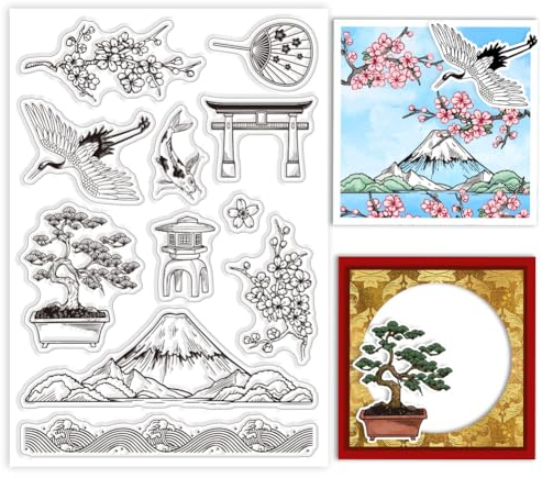 GLOBLELAND Transparente Stempel Mit Japanischen Kirschblüten Für DIY Scrapbooking Mount Fuji Silikonstempel Siegel Kranich Transparente Stempel Für Karten Fotoalbum 6.3x4.33 Zoll