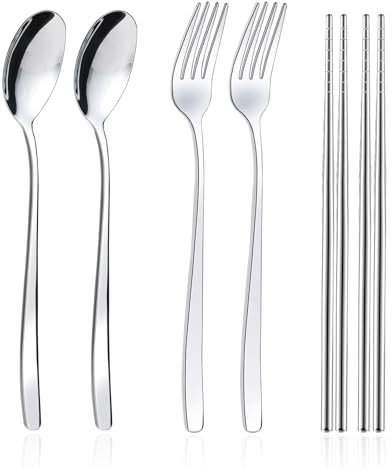 Wiederverwendbares Besteck-Set, Gabel, Löffel, Essstäbchen, 6 Reiseutensilien, tragbares Camp-Besteck, wiederverwendbares Besteck, silberfarbenes wiederverwendbares Besteck, 2 Stück
