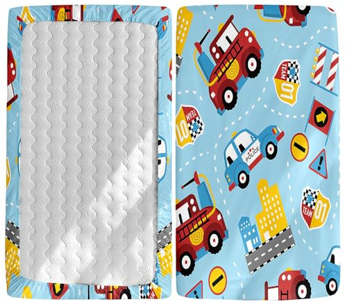 Odot Spannbettlaken für Kinderbett Babybett, Spannbetttuch aus Mikrofaser Atmungsaktiv Bettlaken Bassinet Spannbettlaken Kinderwagen Stubenwagen Matratzenschoner -Blaues Auto, 70x140cm