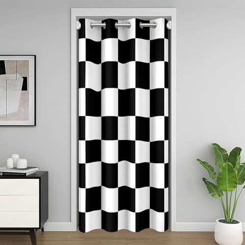 Homemissing Kids Checkerboard Door Curtain for Doorway Privacy 150x203cm Black White Square 30%-50% Room Darkening Blackout Insulated Thermal Curtain Geometric Modern Art Window Treatments