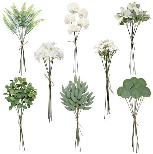 Betylifoy 65 Stück Künstliche Eukalyptus Deko Künstliche Zweige Deko Pflanzen Kunstpflanzen Grün Blätter Gefälschte Hortensien Blumen für Hochzeit DIY Bouquet Tisch Centerpiece Blumenarrangement (65)