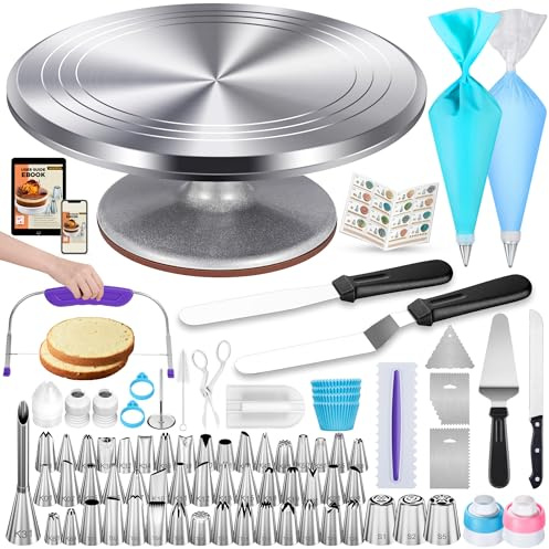 Kootek 253 Aluminum Cake Decorating Kit, Baking Tools for Beginners & Pros | Smooth Rotating, Easy to Clean, Cake Stand Turntable for Decorating Display Baking, Piping Bags and Tips Set