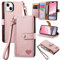 VEEMOS Zipper Wallet Case for Apple iPhone 14 Plus Phone Case with Purse Card Holders RFID Blocking Leather Flip Case Book Cover Wrist Strap Women - Pink